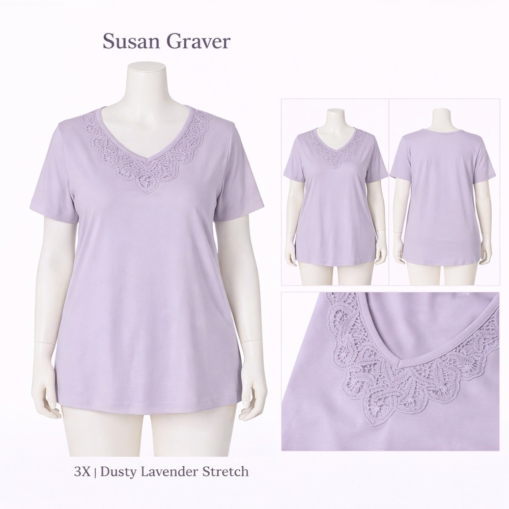 Susan Graver Women 3X Dusty Lavender Battenburg‎ Lace Trim V-Neck T-Shirt A70675
